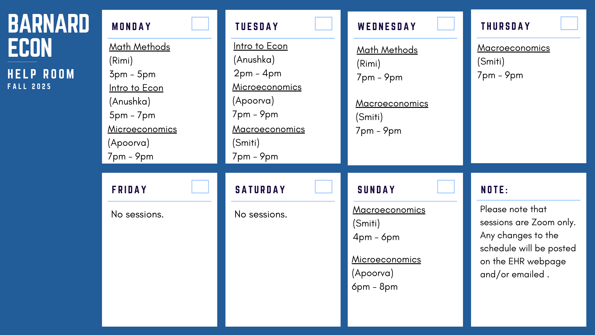 EHR Fall 2025 Schedule. Email rroberts@barnard.edu if you cannot see the image.