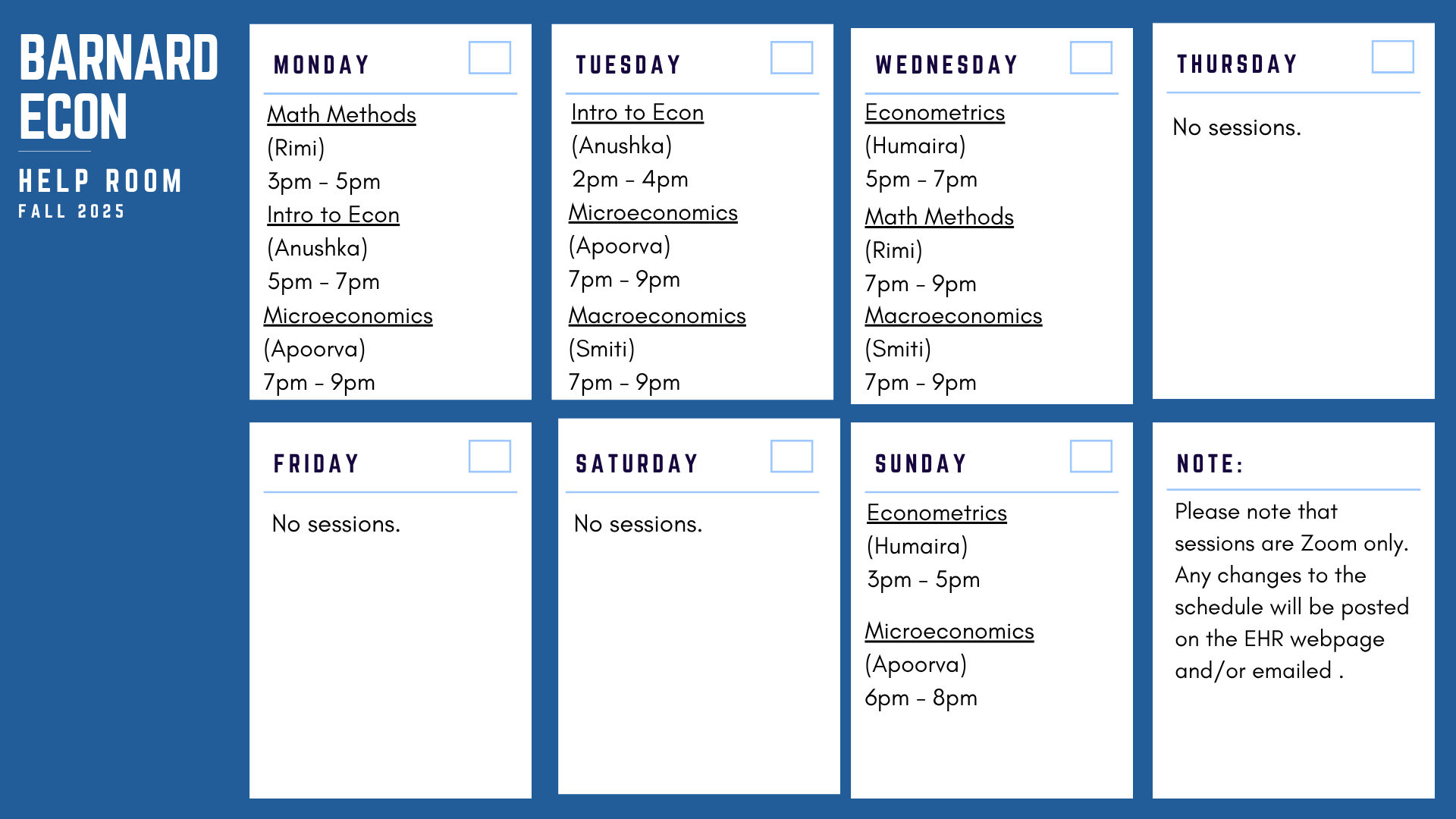 EHR Fall 2025 Schedule. Email rroberts@barnard.edu if you cannot see the image.