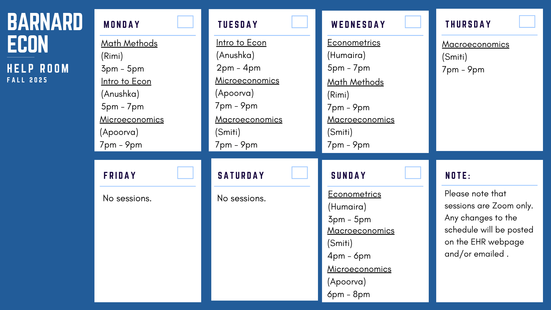 EHR Schedule. Email rroberts@barnard.edu if you cannot see the image here.