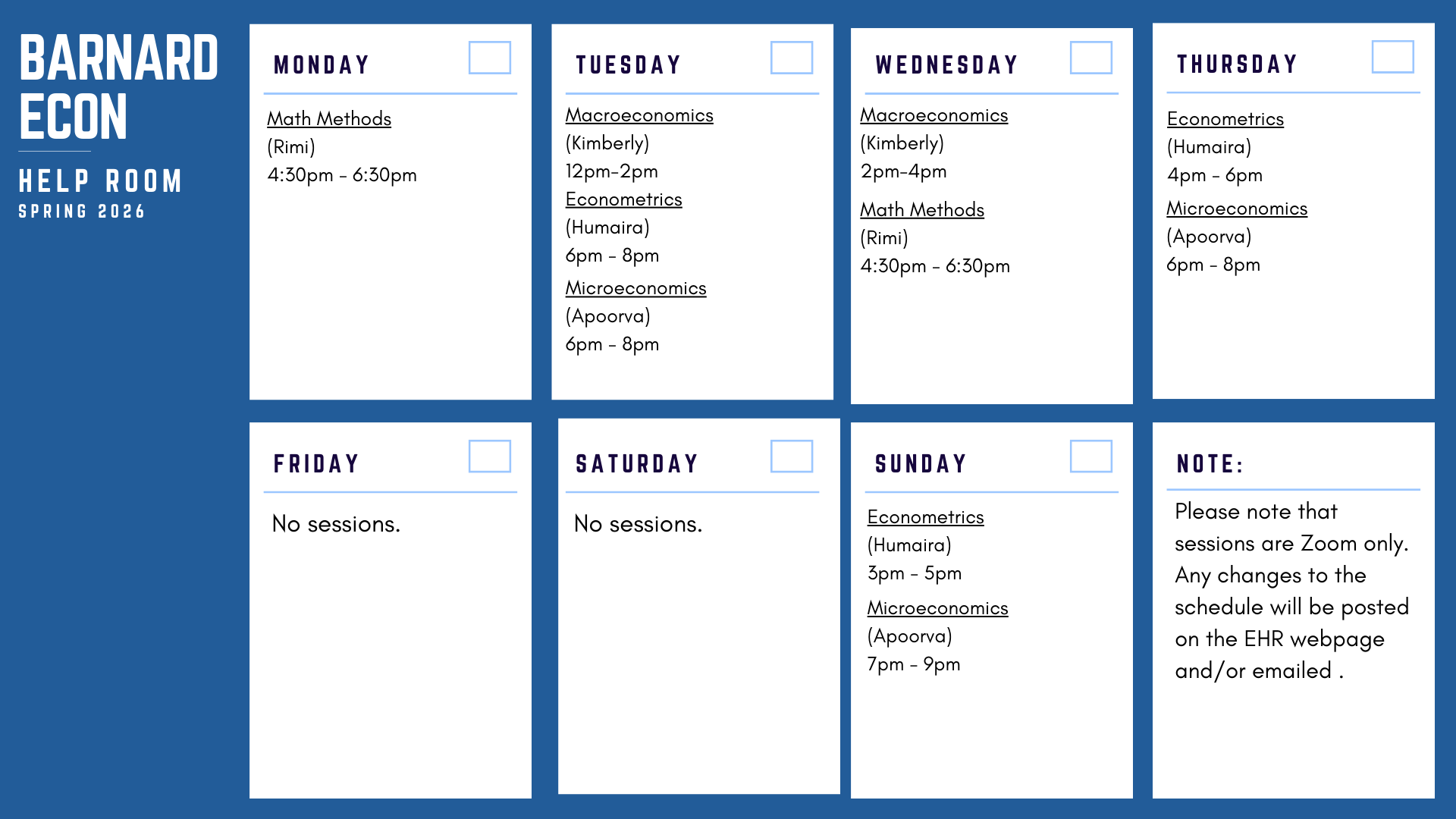 Spring 2026 Schedule - Economics Help Room