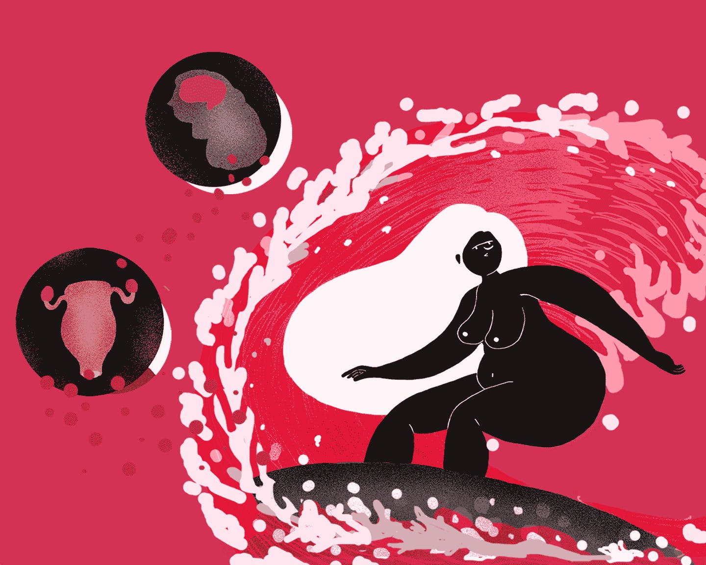 Illustration of a nude woman surfing against a red background