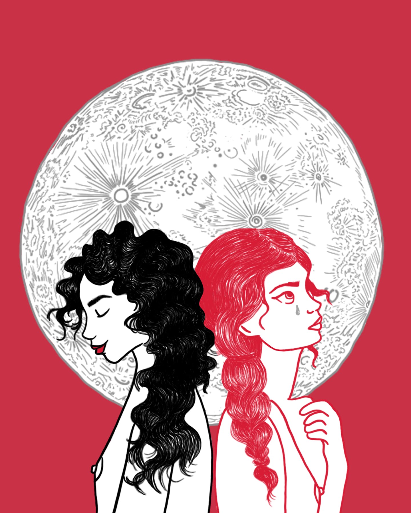 illustration of 2 women, back to back, in front of a full moon